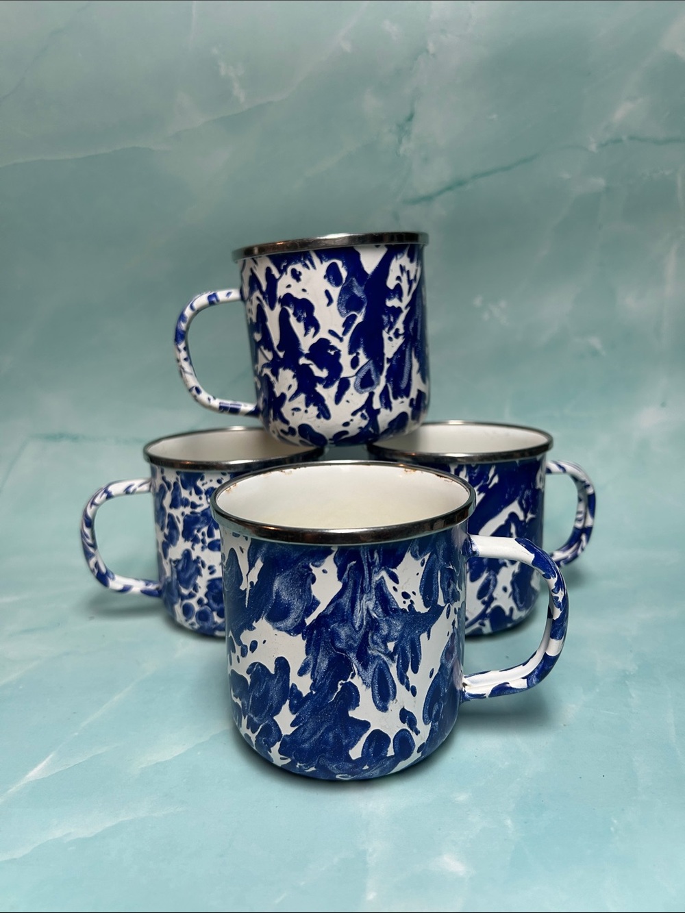 "THE GOLDEN RABBIT" BLUE COBALT SWIRL ENAMELWARE MUG CUP SET of 4